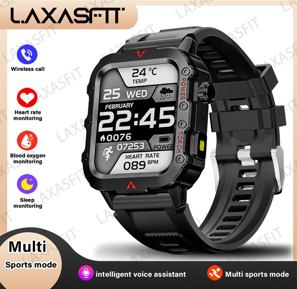 LAXASFIT Smartwatch für Herren – Sport & Outdoor Uhr mit LED-Taschenlampe und Fitness-Tracking